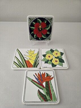 VTG 1987 Villeroy &Boch Ceramic Floral Hibiscus Bird Paradise Heliconia Coasters